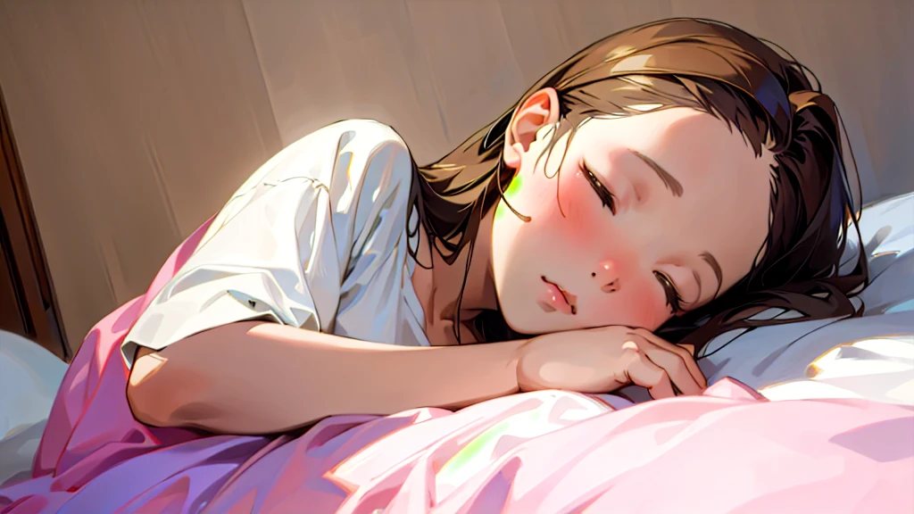 (Highest quality, Masterpiece, Ultra-realistic), Beautiful and delicate15Year-old girl portrait, With a calm expression, The background is the bedroom at home.。Sleeping while listening to music through headphones。