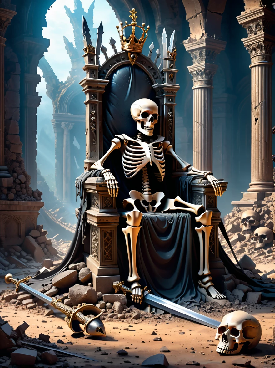 Realistic digital illustrations, Surrealism, A broken skeleton sits on the throne of power in the ruined throne room,The skull is wearing the remains of a crown,A broken iron sword is stuck in the ground in front of the skeleton