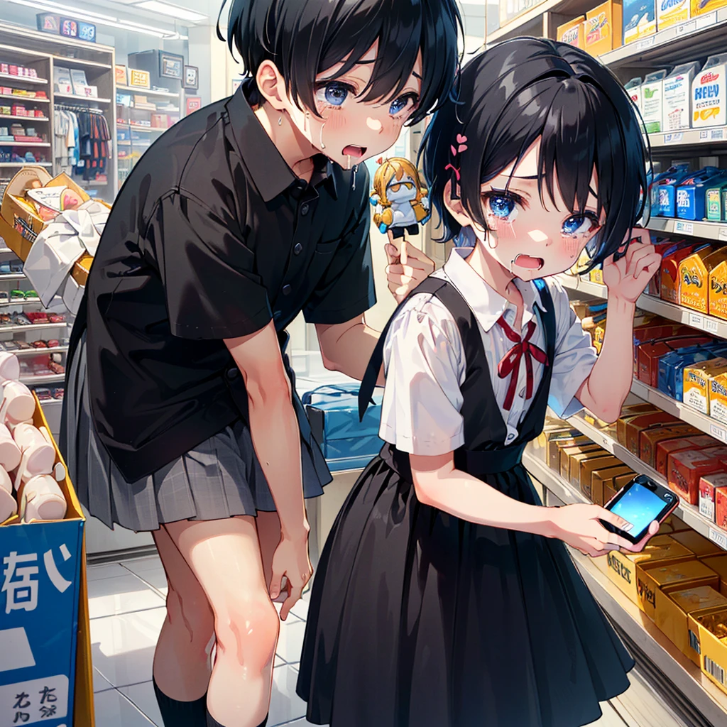 {{Top quality}}, {{Very detailed, high detailed face, high detailed beautiful eyes, super detailed: 1.3), (delicate illustration: 1.2)}}, department store (large department store, wide aisle, family (Many companions), {{{Top quality}}}, (Sexual bullying, sex between men and women), Semen, Love juice, Elementary school girl (, black hair), (Children's clothing (full skirt), Folded collar ribbon tops )), hairband (white, heart mark), socks (black and white stripes), shoes (children's sports shoes)), ((young body, holding a smartphone (takes a photo of himself with the camera)), chest (flat) round face, child: 1.25), (short torso: 1.4) (small butt: 1.4), (little girlby face: 1.2), ((short limbs: 1.6)), crying face, drooling, urination, gaping anus: 1.1), puni, anal juice,