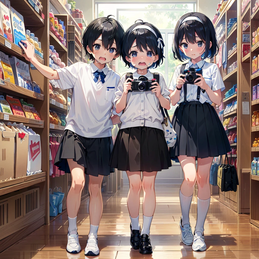 {{Top quality}}, {{Very detailed, high detailed face, high detailed beautiful eyes, super detailed: 1.3), (delicate illustration: 1.2)}}, department store (large department store, wide aisle, family (Many companions), {{{Top quality}}}, (Sexual bullying, sex between men and women), Semen, Love juice, Elementary school girl (, black hair), (Children's clothing (full skirt), Folded collar ribbon tops )), hairband (white, heart mark), socks (black and white stripes), shoes (children's sports shoes)), ((young body, holding a smartphone (takes a photo of himself with the camera)), chest (flat) round face, child: 1.25), (short torso: 1.4) (small butt: 1.4), (little girlby face: 1.2), ((short limbs: 1.6)), crying face, drooling, urination, gaping anus: 1.1), puni, anal juice,