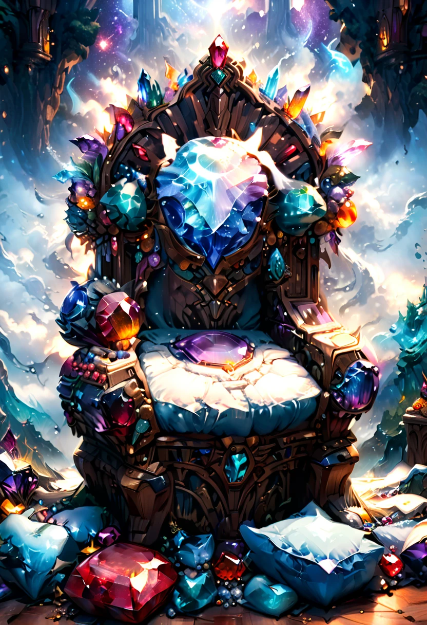 a picture of a massive epic throne, it has purple silk cushions, rubies, topaz, aquamarine gemstones artwork, the throne is epic in its majestic, power, and royalty, symmetric with many wood decorations and gem artwork, behind the throne there are stars and nebulas of space a sense of high royalty, nobility and magic , (masterpiece: 1.4) intense details, highly detailed, photorealistic, best quality, highres,16k, [ultra detailed], masterpiece, best quality, (extremely detailed), close up, ultra wide shot, photorealistic, RAW, fantasy art, dnd art, fantasy art, realistic art,((best quality)), ((masterpiece)), (detailed