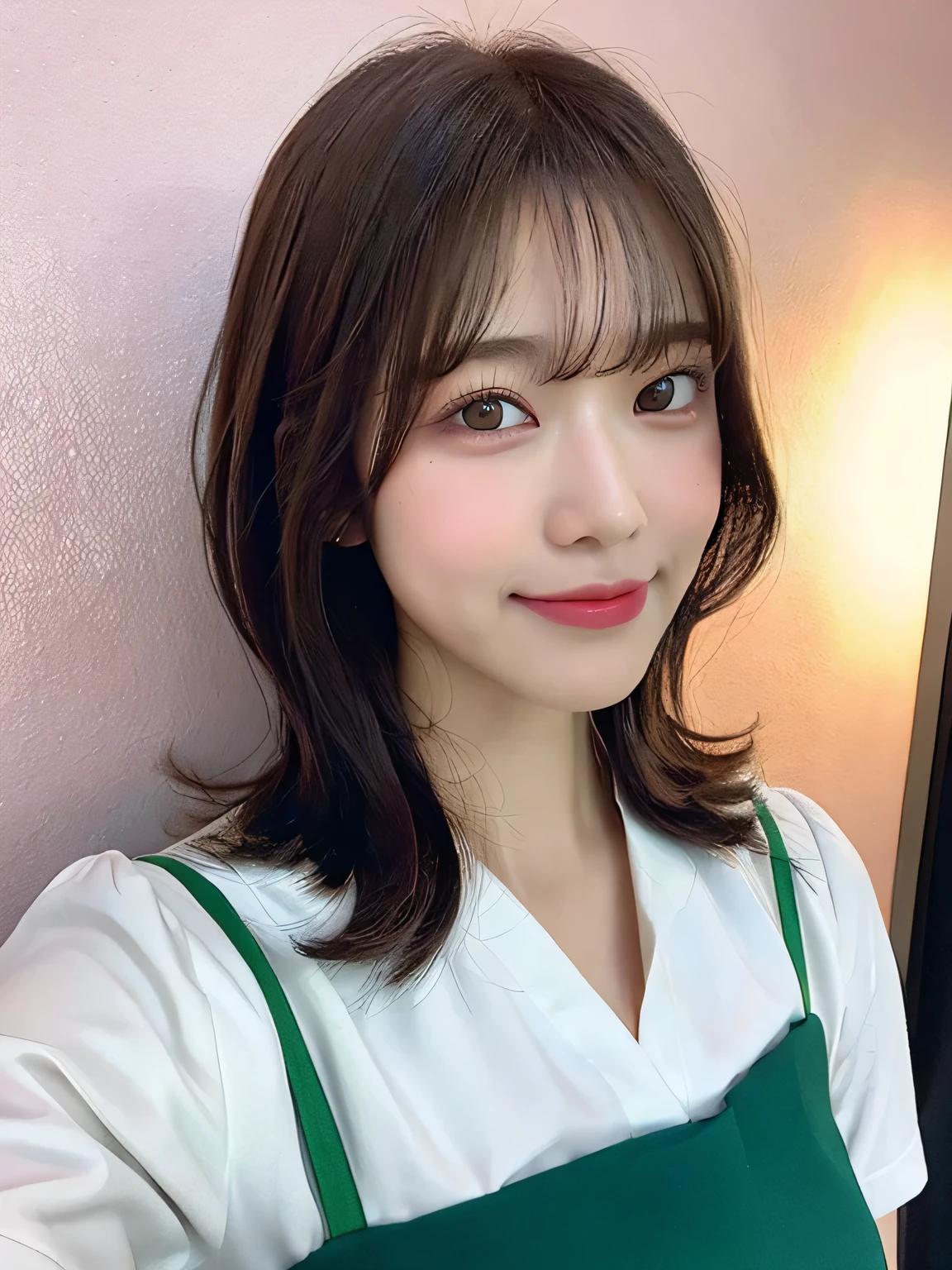One person、13 years old、Brown Hair、Full body photo、slender、woman、White drool coming out of the mouth、smile、Short Bob Cut、 Fair skin, messy hair, super cute、Soft and Face、8K resolution、Surreal、Ultra high definition、 A-cup small breasts((Highest resolution、8K、masterpiece:1.3))、Ultra-fine face、Ultra Fine Lips、Beautiful Eyes、double eyelid,Pink wall、Green tie、white shirt with open front、Navy Blue Skirt、Thighs、thin,Thighsが見える、Shapely small breasts、