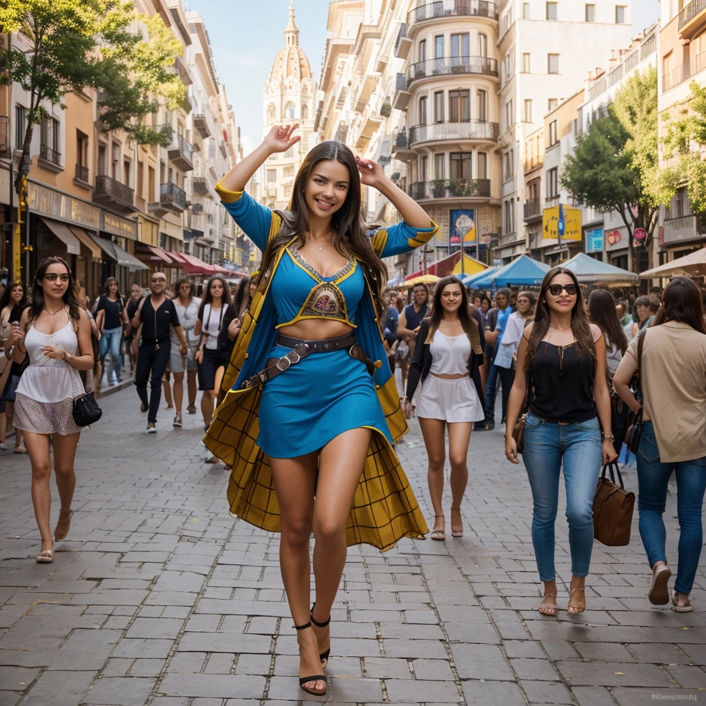 Adriana Lima, thick brown hair, hot , Ukrainian girl, wavy brown hair, Dasha Taran, pretty beautiful brunette, (solo one girl : 2.0), ((perfect anatomy)), ((Masterpiece:1.2, The best quality)), 1woman, (best quality,highres,ultra-detailed:1.2), HDR, vivid colors, beautiful girl, Barcelona, lively atmosphere, charming architecture, stunning view, happy tourists, sunny weather, street wear, joyful expression, long flowing hair, vibrant street performers, bustling crowd, street musicians, beautiful heights, historical landmarks, mosaic pavement, retaining gate, blue sky, warm sunshine, cute and charming smile, carefree moments, tourism