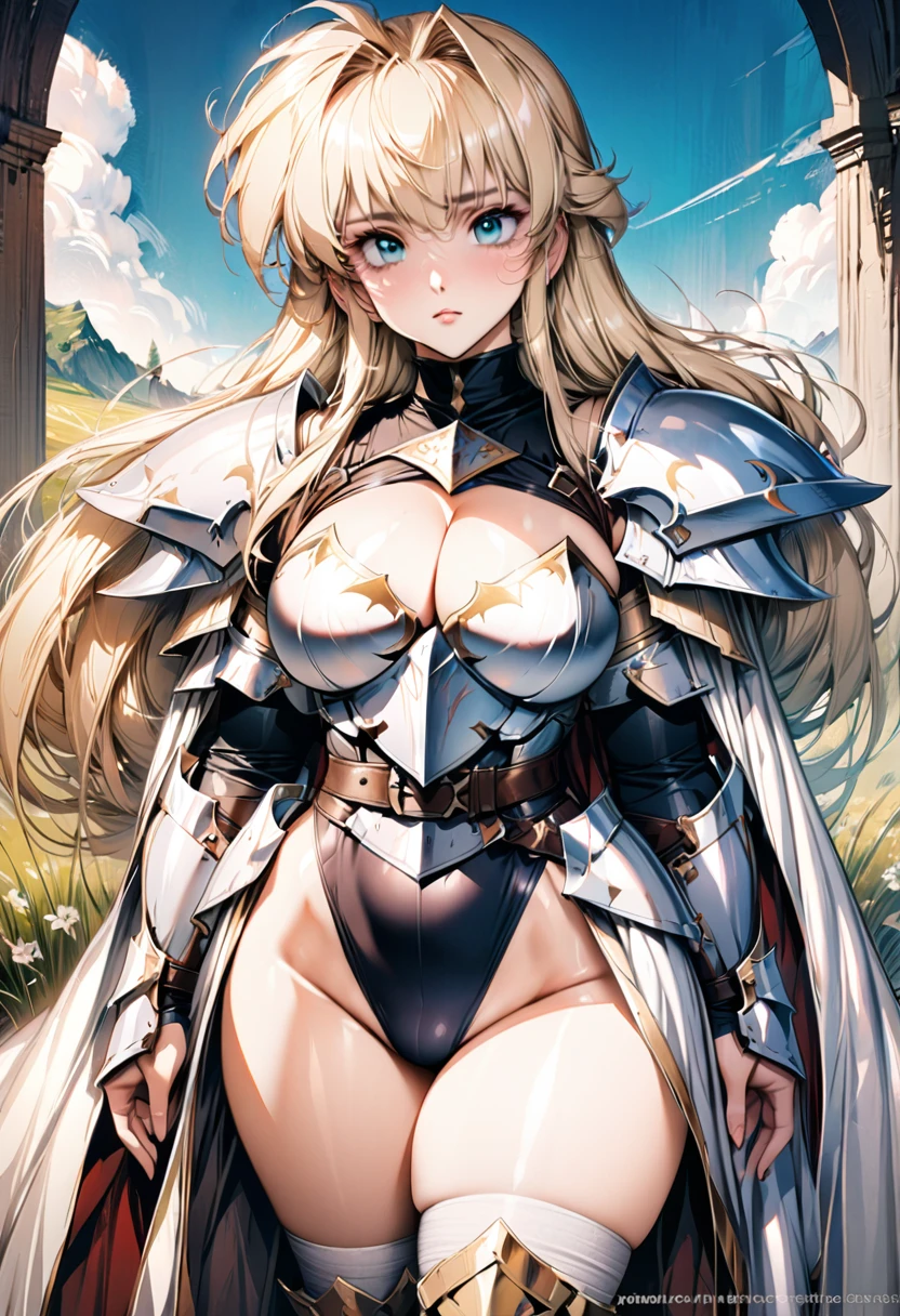 ((highest quality)), ((masterpiece)), ((hyperrealistic)), (detailed background), solo, 1girl, ((curvy: 1.2)), kawaii, ((armored dress)), langrisser, blonde braided long hair, (paladin armor), ((Tight-fitting leotard bodysuit)), ((large breasts)), ((arm guard gauntlet)), metal harness breastplate, belt waist armor, ((zettai ryouiki knee socks boots)), (big butt), (cleavage cutout), (Groin), (thighs), perfect noble cloak, beautiful aqua eyes, droopy eyes, perfect face, Perfect hands, perfect fingers, Blue sky and grassland, posing,