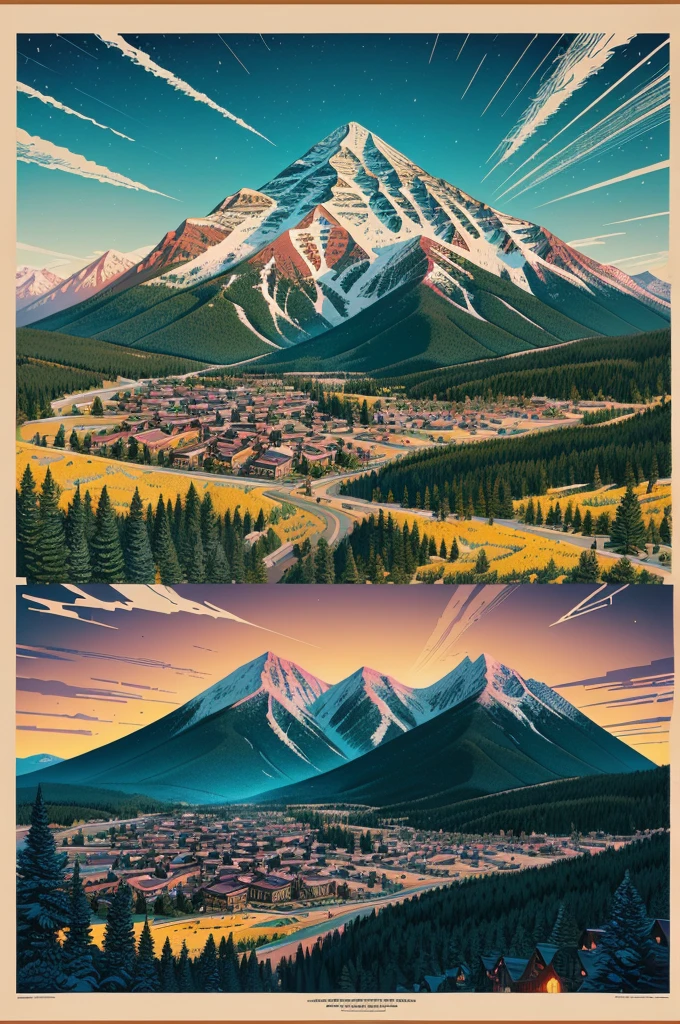 a close up of a poster with a picture of a mountain town, colorado, colorado mountains, detailed digital illustration, jen bartel, dan mumford and albert bierstadt, detailed vectorart, stylized digital illustration, illustration detailed, retro artwork, by Meredith Dillman, hyper detailed illustration, high detailed illustration, colored illustration, 3 color screen print, ultra detailed color art