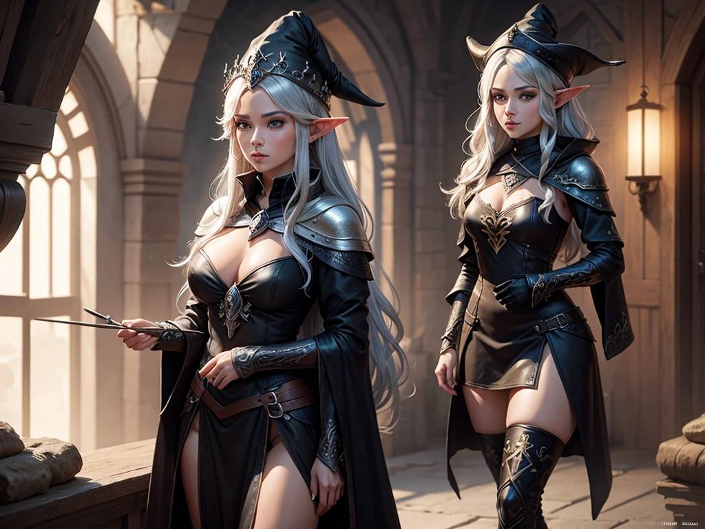 medieval setting, full view of body, 1 female elf mage,beatiful smokey eyes, silver hair, black mage robe with gambeson, wizard hat, leather boots