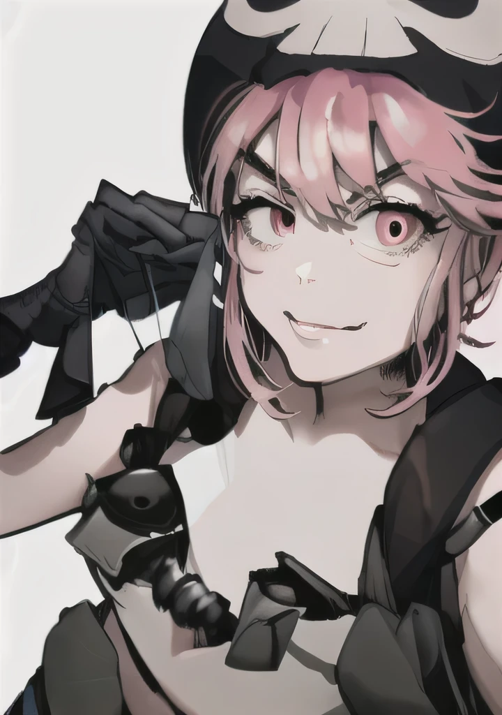 masterpiece, best quality, (jakuzure nonon), (black soft hat),  (holster), (black gloves),(utility belt),(shoulder holster), (hand up),(smug), (hand near face)