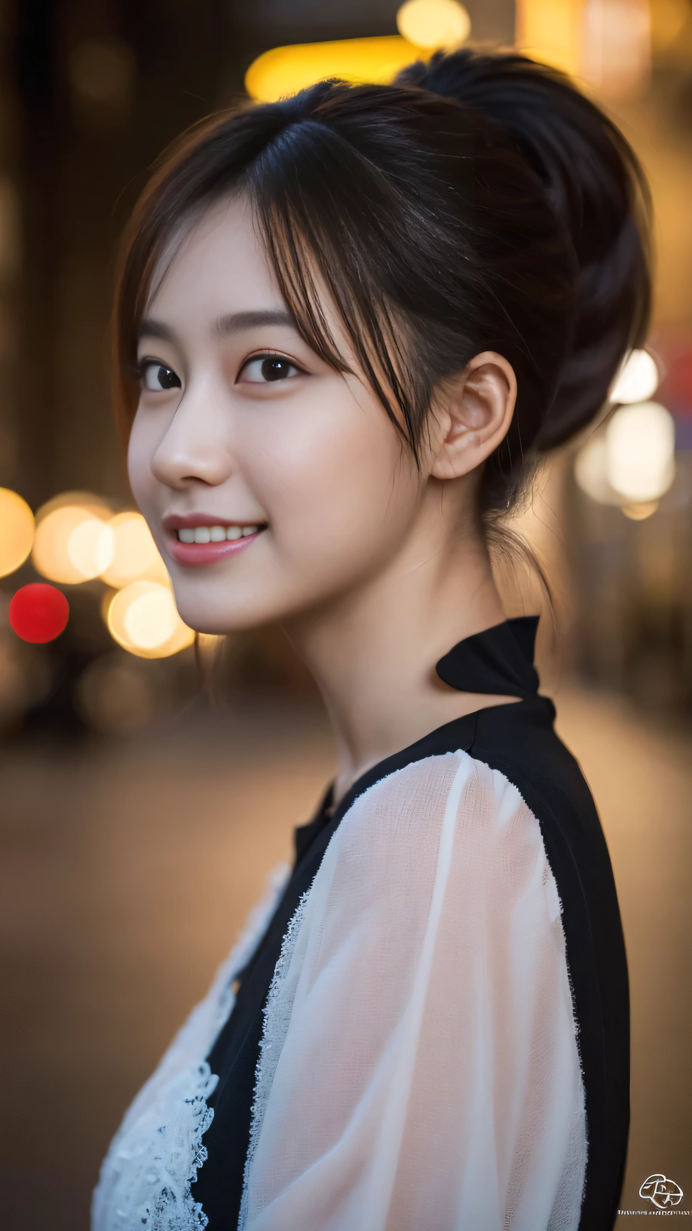 1 girl, (Wearing a black blouse:1.2), Beautiful Japanese actresses, (ponytail:1.3),
(RAW Photos, Highest quality), (Realistic, Photorealistic:1.4), masterpiece, 
Very delicate and beautiful, Very detailed, 2k wallpaper, wonderful, 
finely, Very detailed CG Unity 8K wallpaper, Very detailed, High resolution, 
Soft Light, Beautiful detailed girl, Very detailed目と顔, Beautiful and detailed nose, Beautiful and detailed, Cinema Lighting, 
BREAK
(Snowy night cityscape as background 1.3), City lights, 
Perfect Anatomy, Slender body, smile, Face the front completely, Looking at the camera