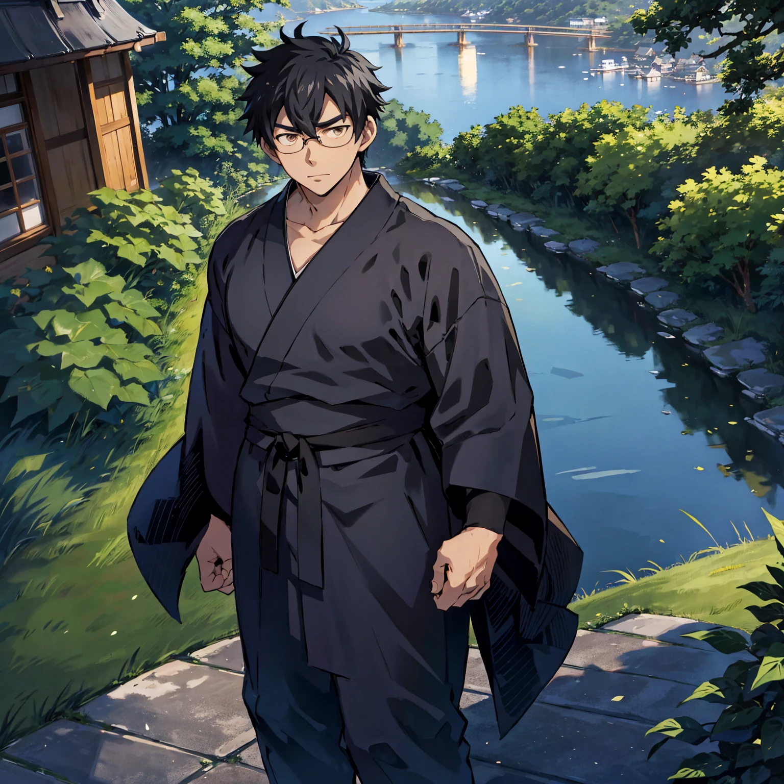 Japanese man, alone, young man standing on hill, looking at beautiful view, picturesque Japanese cityscape, anime-like image, high resolution, fantastic atmosphere, looking directly at us, Shinkai Makoto, Shinkai Makoto style, young man standing on right side, thin young man, serious expression The figure is wearing black rimmed glasses, black hair, navy blue kimono, black obi, black geta, the figure is on the right side, the left side is left open.