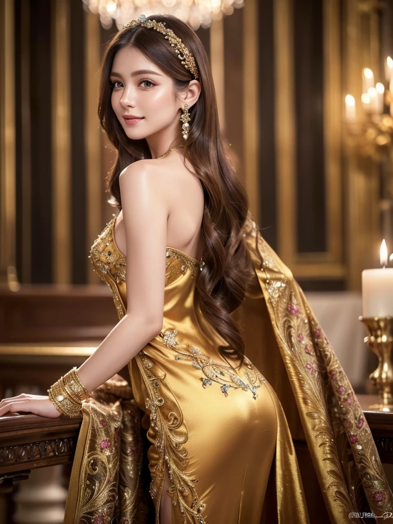 a beautiful woman, perfect figure, narrow waist, long chestnut hair, beautiful detailed eyes, long eyelashes, lustrous detailed lips, beautiful skin, beautiful smile, fashion model, attractive ornate clothing, cinematic scene, (best quality,4K,8K,highres,masterpiece:1.2),ultra-detailed,(realistic,photorealistic,photo-realistic:1.37)、Excellent mechanic