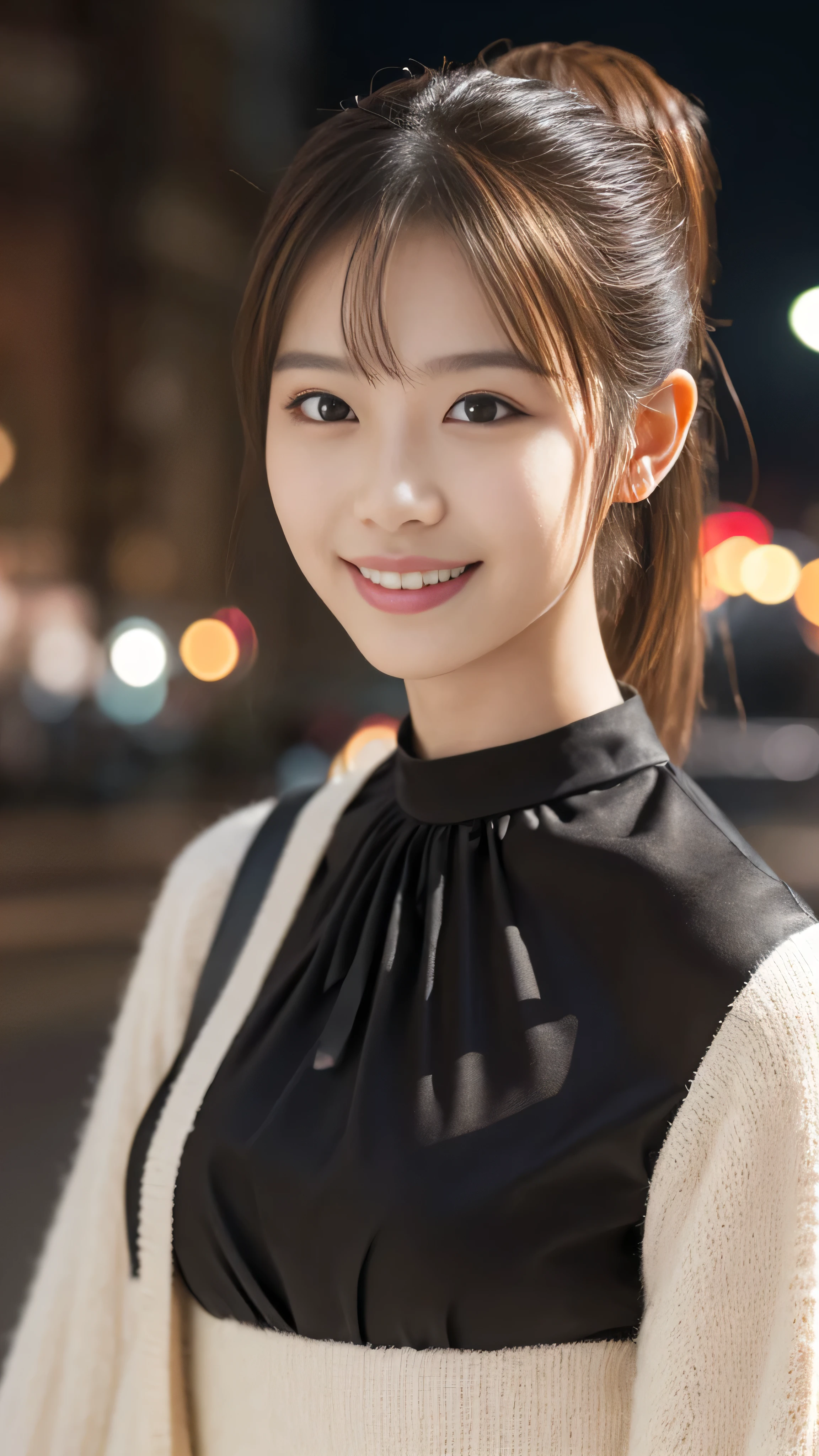1 girl, (Wearing a black blouse:1.2), Beautiful Japanese actresses, (ponytail:1.3),
(RAW Photos, Highest quality), (Realistic, Photorealistic:1.4), masterpiece,
Very delicate and beautiful, Very detailed, 2k wallpaper, wonderful,
finely, Very detailed CG Unity 8K wallpaper, Very detailed, High resolution,
Soft Light, Beautiful detailed girl, Very detailed目と顔, Beautiful and detailed nose, Beautiful and detailed, Cinema Lighting,
BREAK
(Snowy night cityscape as background 1.3), City lights,
Perfect Anatomy, Slender body, smile, Face the front completely, Looking at the camera