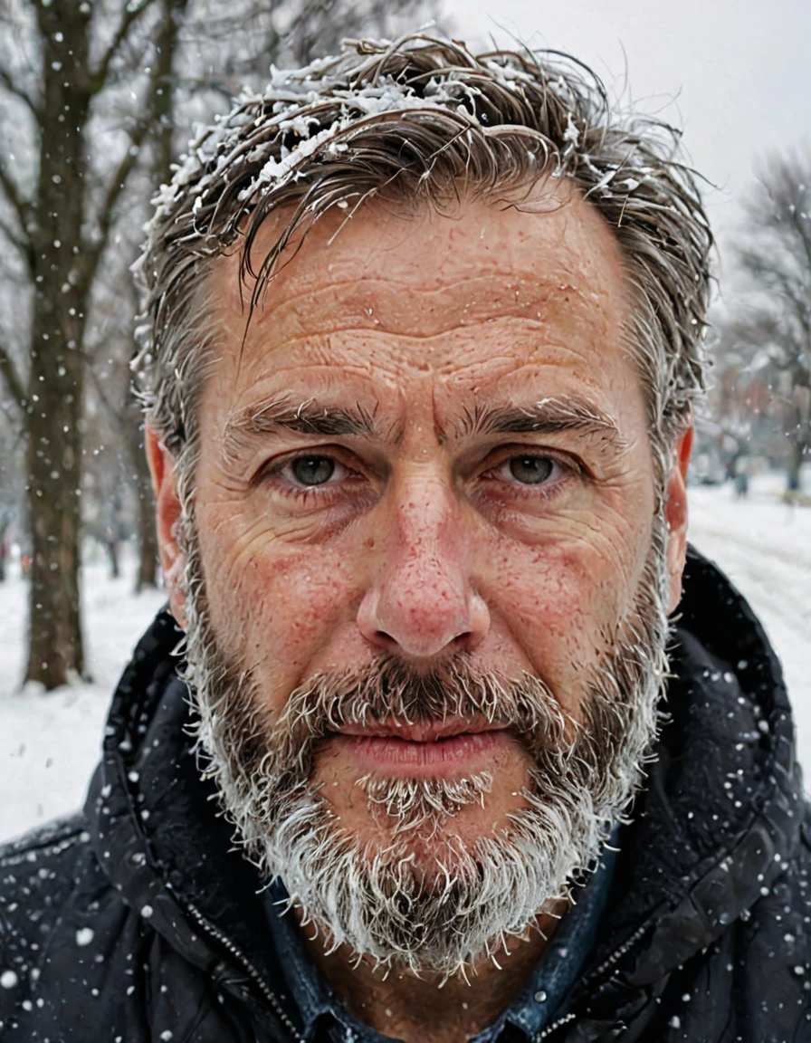 Close up picture, 50 year old man with frozen beard, coldness outside, snow storm, face freezing