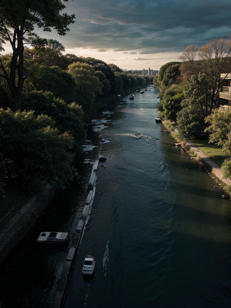 City, river, trees, dramatic lighting