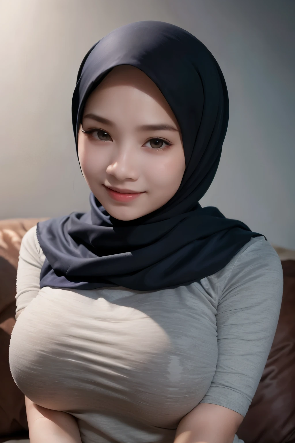 adorable, 1 girl, (face to face), ************, *********, happy, half body portrait, (face details: 1), (eye details: 1), ((big breasts)). wearing light blue long shirt, hijab, .. Cute posed. proportional body. Ultra High Res. realistic: 1.4, UHD