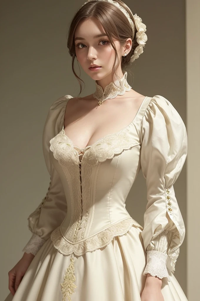 woman wearing a cream and silk pastel-colored English Regency dress, with a high, slender silhouette and the waist positioned just below the bust (empire line), with low, wide heart-shaped necklines, short, puffed sleeves, contrasting with some olive green embroidery around the neckline, bust and empire line
