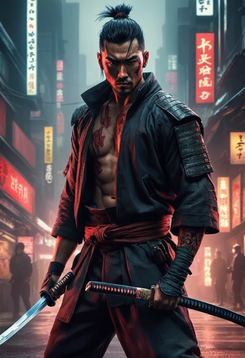 Samurai male, hyperrealism, very detailed skin, 4k, inkpunk style, great lighting, cyberpunk style,, katana illustration, concept art, full body shot, cinematic, promotional art, dramatic lighting, one hand holding a katana，fighting，Dodge，avoid，lifelike，photorealism：1.37），bright colors，clear focus，Defocused，（fantasy：1.2），（dynamic poses：1.37），（intense gaze），（Extraordinary power），（the power of myth），black and red，Wounds on the body