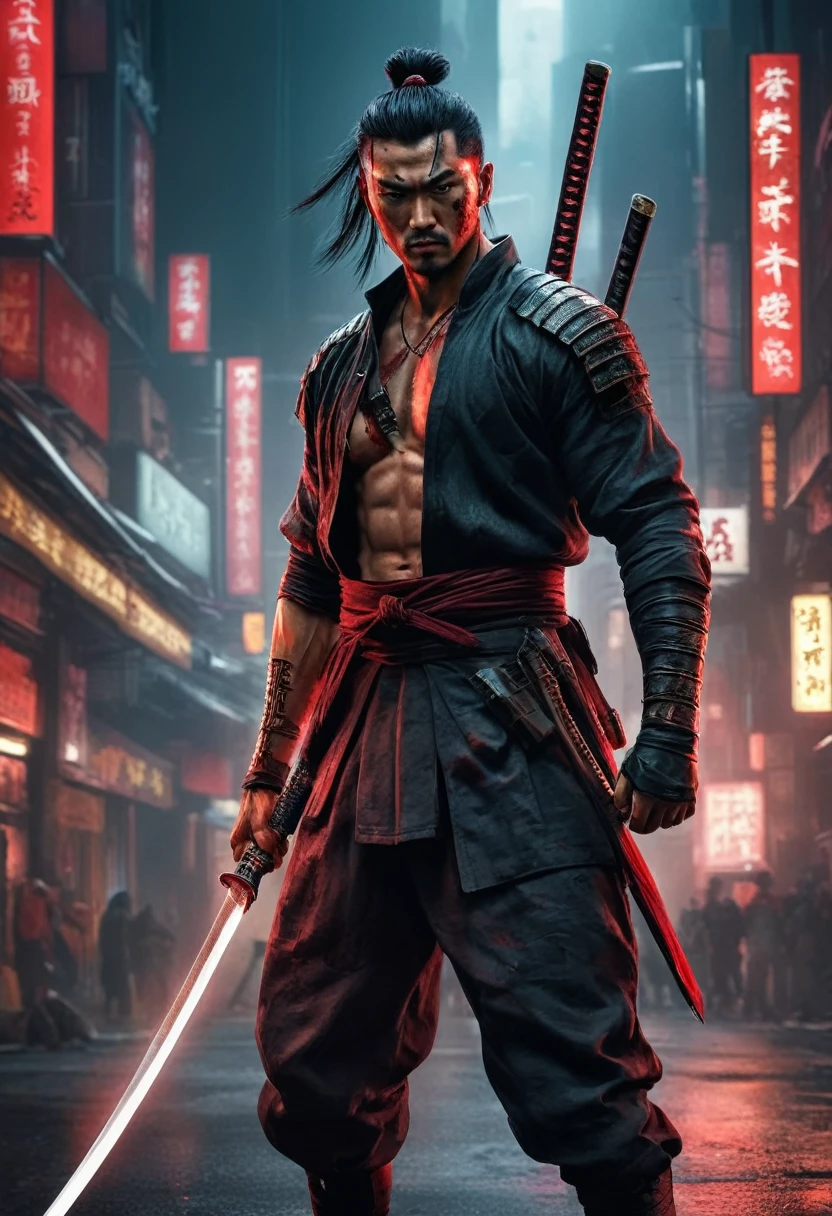 Samurai male, hyperrealism, very detailed skin, 4k, inkpunk style, great lighting, cyberpunk style,, katana illustration, concept art, full body shot, cinematic, promotional art, dramatic lighting, one hand holding a katana，fighting，Dodge，avoid，lifelike，photorealism：1.37），bright colors，clear focus，Defocused，（fantasy：1.2），（dynamic poses：1.37），（intense gaze），（Extraordinary power），（the power of myth），black and red，Wounds on the body