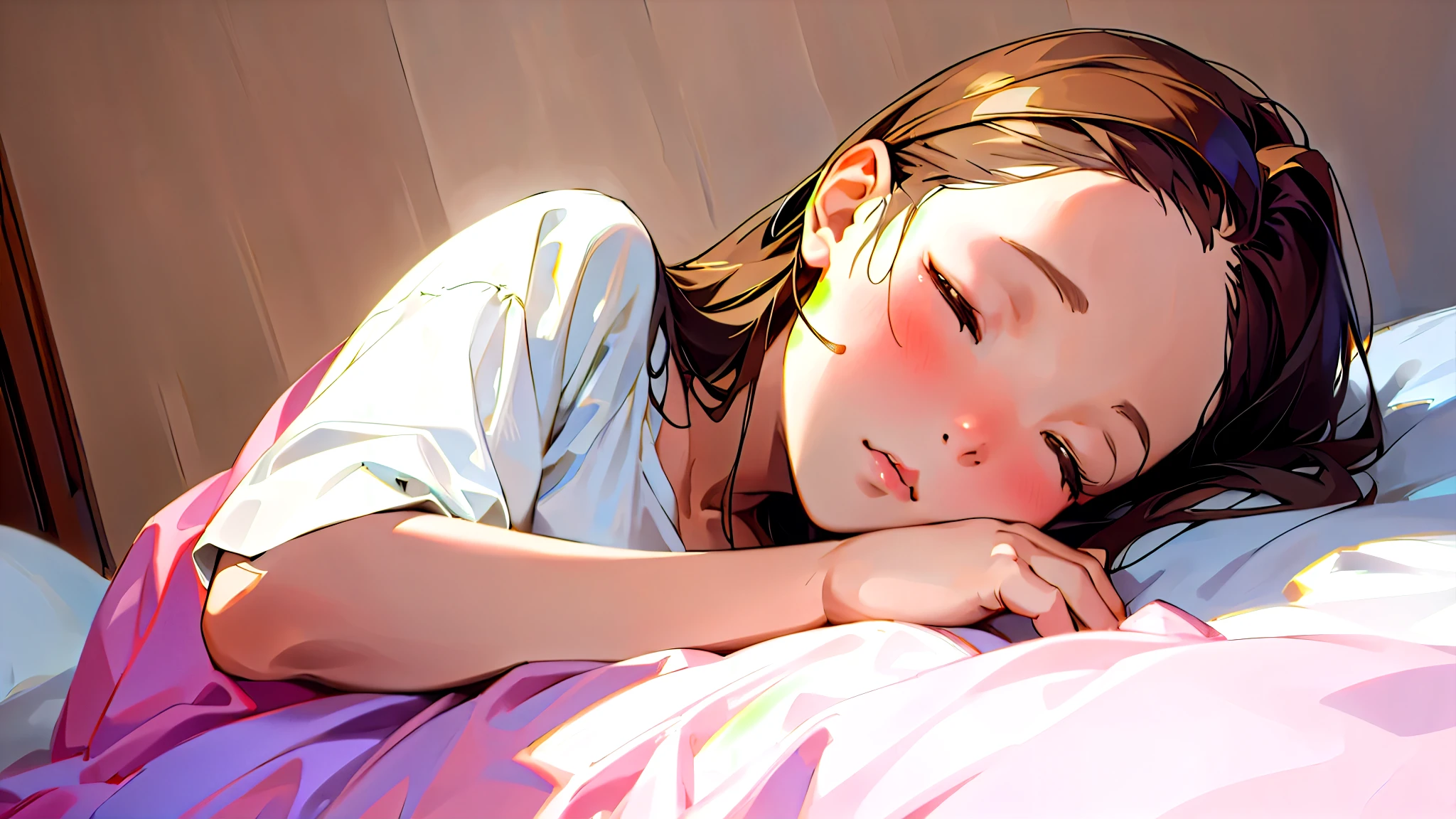 (Highest quality, Masterpiece, Ultra-realistic), Beautiful and delicate１５Year-old girl portrait, With a calm expression, The background is the bedroom at home.。Sleeping while listening to music through headphones。