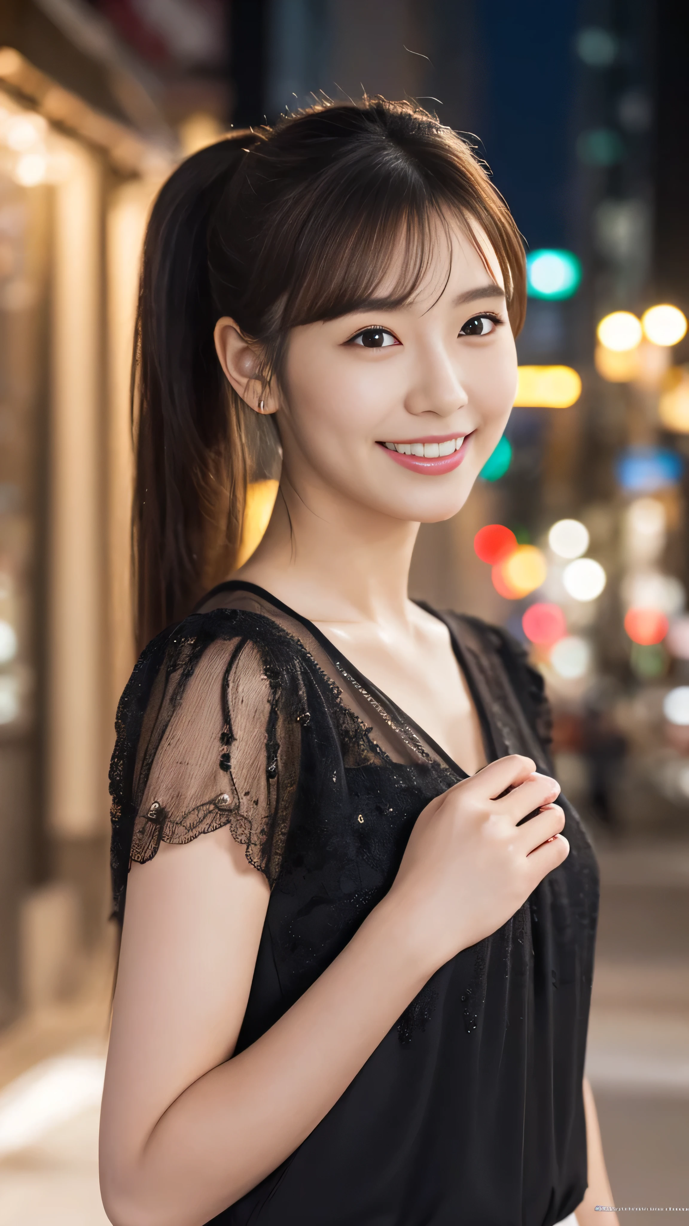 1 girl, (Wearing a black blouse:1.2), Beautiful Japanese actresses, (ponytail:1.3),
(RAW Photos, Highest quality), (Realistic, Photorealistic:1.4), masterpiece,
Very delicate and beautiful, Very detailed, 2k wallpaper, wonderful,
finely, Very detailed CG Unity 8K wallpaper, Very detailed, High resolution,
Soft Light, Beautiful detailed girl, Very detailed目と顔, Beautiful and detailed nose, Beautiful and detailed, Cinema Lighting,
BREAK
(Snowy night cityscape as background 1.3), City lights,
Perfect Anatomy, Slender body, smile, Face the front completely, Looking at the camera