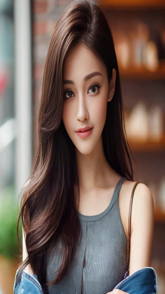 ((Highest quality, 8K, masterpiece :1.3)), Sharp focus :1.2, Beautiful woman with perfect figure :1.4, Thin abdominal muscles :1.2, ((Brown hair with highlights,chest :1.2)), (White long formal shirt)、Gray background:1.2, Highly detailed face and skin texture, Beautiful Eyes, double eyelid,Fashion model posing,Cowboy Shot,Distressed jeans、Cast a Shadow, Full body image, front view