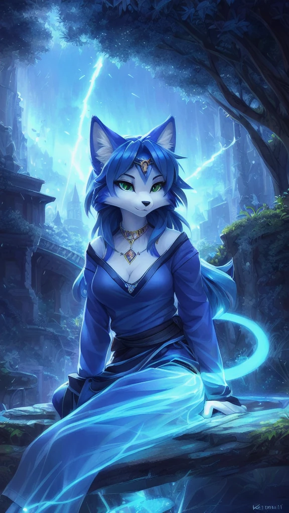 A beautiful and detailed (sweet portrait) wa ((Krystal)), Star Fox Krystal, sslim, lovable, green eyes, medium breasts, (((Long blue hair 1.3))), Decollete, anthro, furry, Uploaded E621, detailed fluffy fur, (wa Fluff-Kevlar, Bayard Wu, personalize me, Pino Daeni), detailed face, (fluffy), 1 girl,  alone, wears comfortable clothes, sitting on the sofa,  sitting on a sofa, everyday clothes, heller pullover 1.3,  detailed face, detailled eyes, detailed hands, Neon color, with long hair and a gree dress standing in a woods, extremely detailed art germ, fanart best artstation, detailed digital anime art, 8k high quality, Detailed art, Anime-Fantasy-Artwork, epic fantasy art style, fantasy art style, advanced digital anime art, rossdraws sakimimichan, Trends on Artstation Pixiv, backdrop, (realisti:1.5) EdobFairytaleLandscape, Electricity, mushroom, leaf, Floating island, Rain, sunbeam, bird, woods, lamppost, Building,Full body