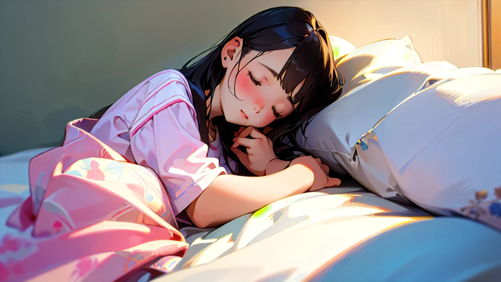 (Highest quality, Masterpiece, Ultra-realistic), Beautiful and delicate15Year-old girl portrait, With a calm expression, The background is the bedroom at home.。Sleeping while listening to music through headphones。