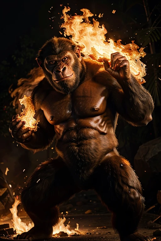Draw a giant monster ape covered with fire fur.