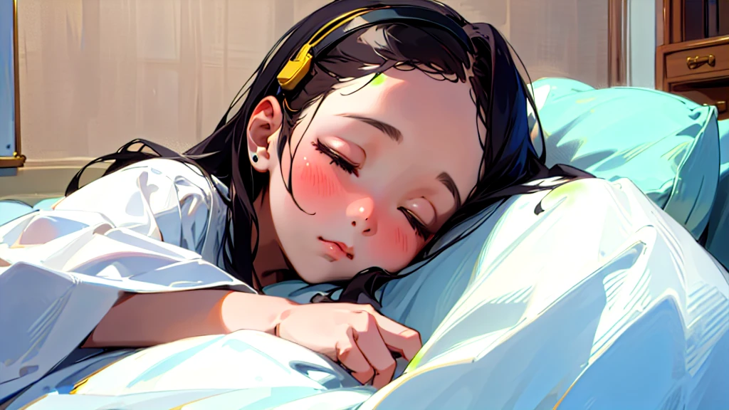 (Highest quality, Masterpiece, Ultra-realistic), Beautiful and delicate15Year-old girl portrait, With a calm expression, The background is the bedroom at home.。Sleeping while listening to music through headphones。