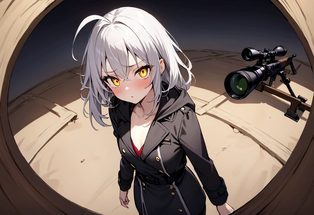 (masterpiece, best quality:1.2), 1girl, 独奏,Black military uniform、Looking through the scope、Point your gun at us、Grey long hair、Ahoge、Yellow Eyes、Ready your gun?、sniper rifle、Background of military bases、Fisheye Lens、battlefield、Shadows of light and darkness、Confused eyes、Gray trench coat、A black hoodie on top、ナイフとReady your gun?、Flat Chest、Poor breasts