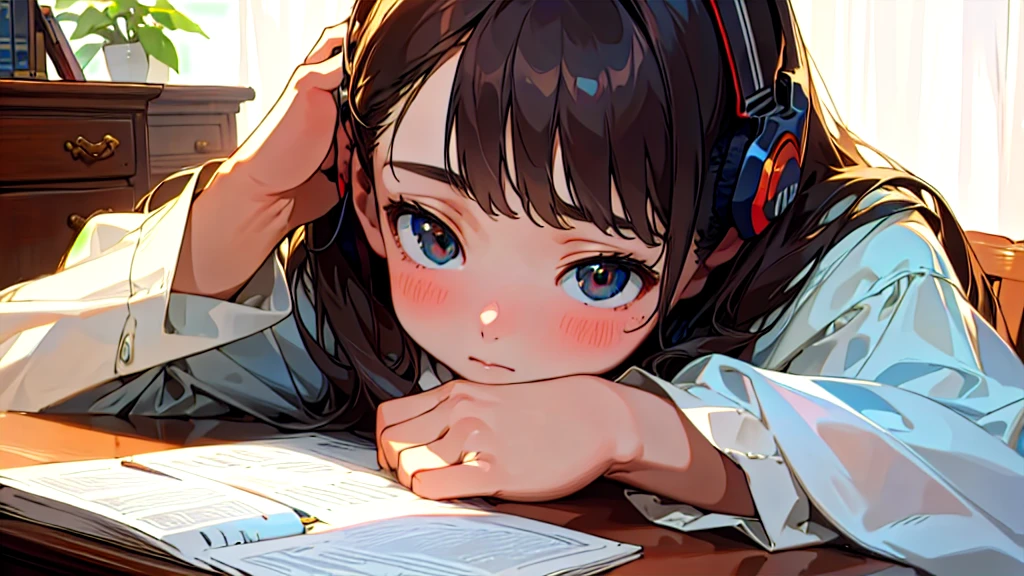 (Highest quality, masterpiece, Ultra-realistic), Beautiful and delicate15Year-old girl portrait, With a calm expression, The background scene shows him studying hard at his desk in his room at home.。While listening to music with headphones、studying。