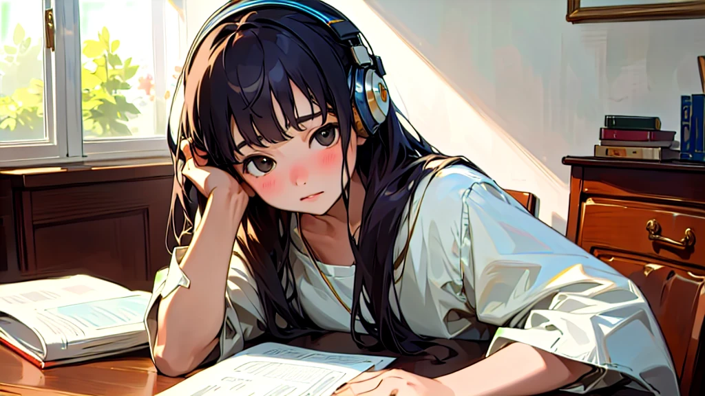 (Highest quality, masterpiece, Ultra-realistic), Beautiful and delicate15Year-old girl portrait, With a calm expression, The background scene shows him studying hard at his desk in his room at home.。While listening to music with headphones、studying。