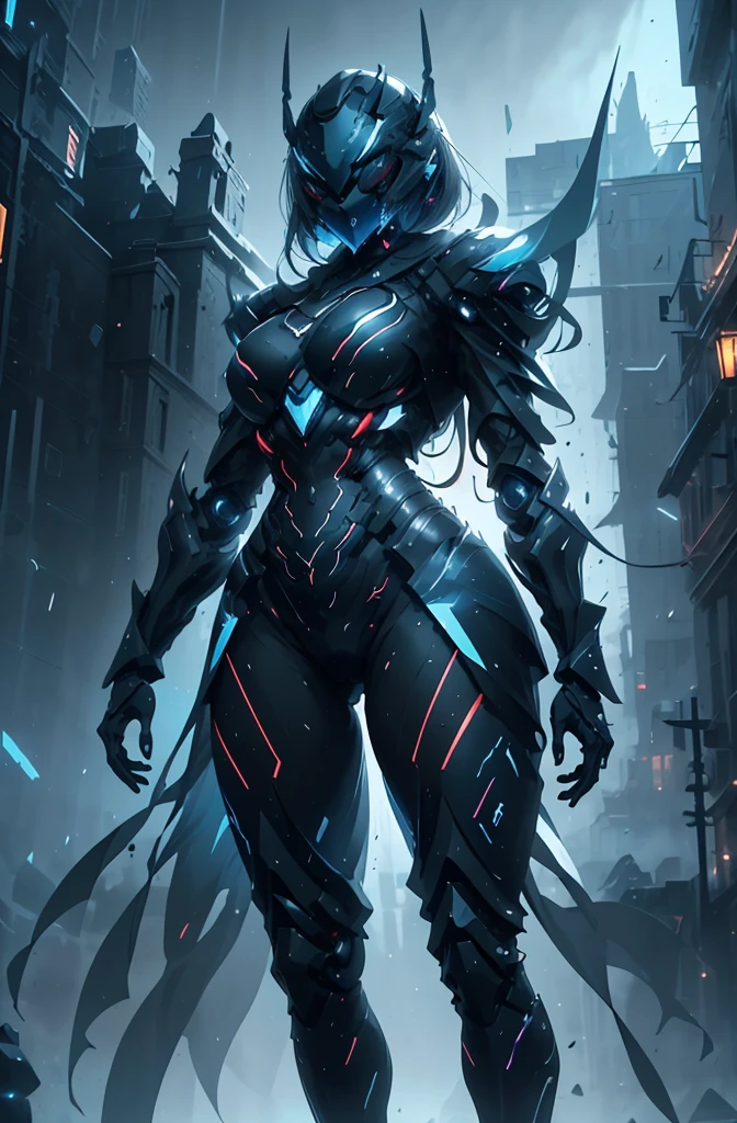 Masterpiece, best quality, highly detailed, cyborg women, sexy cyborg women, elegant cyborg, blue crystal gem on chest, ((black and blue) cyborg), Mechanical body and helmets, (fullface helmet with horn)), black visor, slim waist, wide hips, thick thighs, athletic, proportional body, (waist cape), long sword, ((black and blue color scheme:1.2)), hairless, (8K), Wallpaper, UHD, HDR, intricate details, complex design, ultra detailed, hyper realistic, lifelike, realistic texture, smooth texture, shadows, dynamic lighting, (City at night), standing in rain, Beautiful scenery, Magical Atmosphere, Melancholic, Light Rain, Light blue Crystal particles