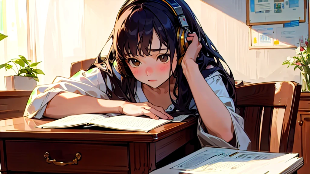 (Highest quality, masterpiece, Ultra-realistic), Beautiful and delicate１５Year-old girl portrait, With a calm expression, The background scene shows him studying hard at his desk in his room at home.。While listening to music with headphones、studying。