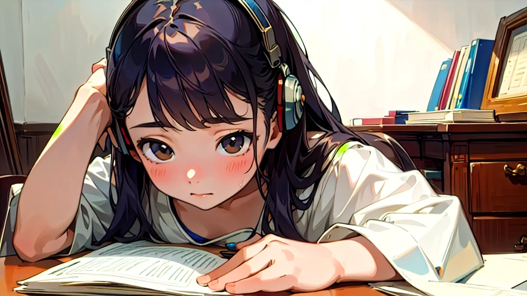 (Highest quality, masterpiece, Ultra-realistic), Beautiful and delicate１５Year-old girl portrait, With a calm expression, The background scene shows him studying hard at his desk in his room at home.。While listening to music with headphones、studying。
