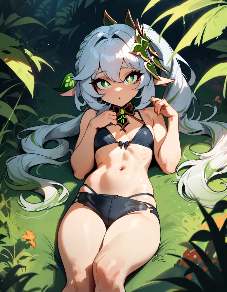 1girl, nahida \(genshin impact\), genshin impact\\\\\ masterpiece, best quality, very aesthetic, absurdres, newest \\\\\\ slim body,///// ,by nyantcha,cutesexyrobutts , by khyle,,////// beautiful face, sexy, , greenery,, jungle,birds etc, looking at viewer, bikini,grass,lying on back