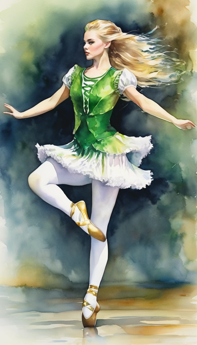 Irish Dance、Irish Danceを踊る少女、tall、Northern Irish national costume、Black tights、(thin and long:1.2), Blonde Long Hair、watercolor画スタイル、watercolor、Dark Dance Hall Background、Highest quality、Ultra-high resolution、Golden Ratio