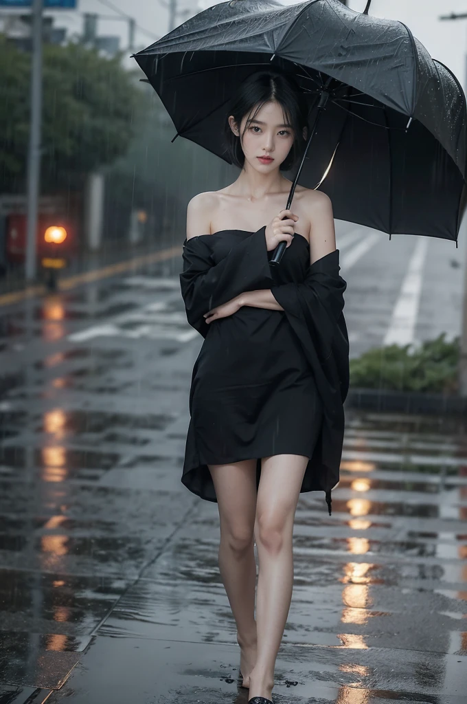 (((best quality))),(((ultra detailed))),(((masterpiece))),illustration,1girl, young,solo, slim,thin,shoulder length straight bob hair,small breasts,flat chest,standing,rainy night, heavy rain, drenched clothes, melancholy expression, solitude, tear rolling down cheek, wet hair, empty streets, dimly lit, deserted environment, sound of rain, footsteps, discarded umbrella on the ground, symbol of hope, abandoned, resilience, determination, walking in rain, heartbreak, loss, love fading, loneliness, body language, facial expression, dreary atmosphere, rain-soaked streets, somber mood, viewer engagement,full body