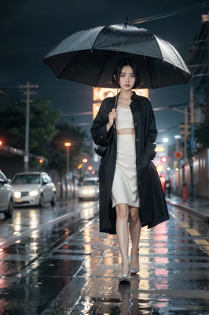 (((best quality))),(((ultra detailed))),(((masterpiece))),illustration,1girl, young,solo, slim,thin,shoulder length straight bob hair,small breasts,flat chest,standing,rainy night, heavy rain, drenched clothes, melancholy expression, solitude, tear rolling down cheek, wet hair, empty streets, dimly lit, deserted environment, sound of rain, footsteps, discarded umbrella on the ground, symbol of hope, abandoned, resilience, determination, walking in rain, heartbreak, loss, love fading, loneliness, body language, facial expression, dreary atmosphere, rain-soaked streets, somber mood, viewer engagement,full body
