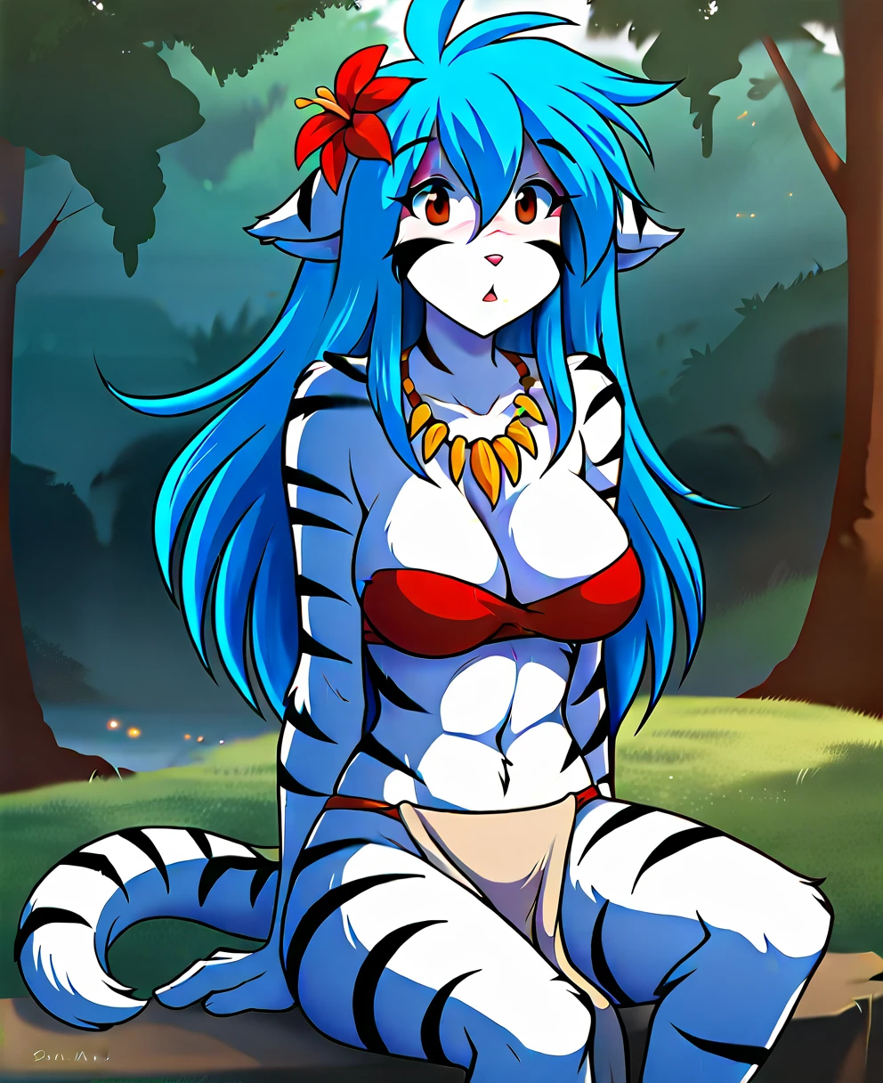 score_9, score_8_up, score_7_up, score_6_up, score_5_up, score_4_up, rating_explicit, source_furry, female, cute anthro female, cute face, detailed background, looking at viewer, solo, solo focus, (no nipples, no vagina:1.4), (digital pen line-art, soft lines, soft shading, pinup, cartoon, anime:1.3), tktigertrace, anthro, keidran, tiger, (white fur:1.2), striped fur, long blue hair, busty, long hair, tail, forest, (tribal outfit:1.3), midriff, (red bandeau, white pelvic curtain:1.2), flower on hair