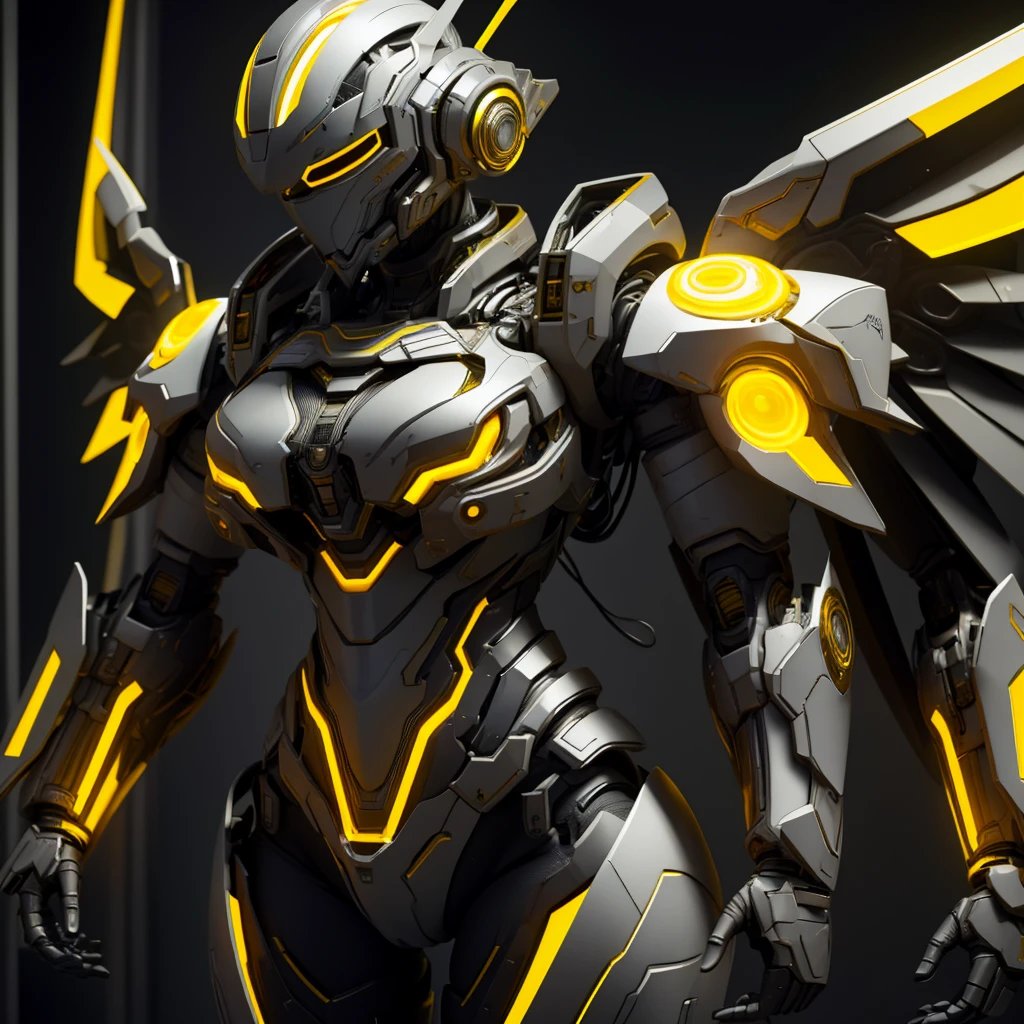 futuristic armor, cyber punk, medieval, gray with gold and blue details, highlighted, with a golden energy wing on the back, light armor, full body, 4k, work of art, realistic
