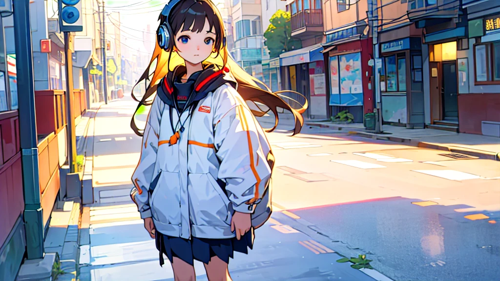 (Highest quality, Masterpiece, Ultra-realistic), Beautiful and delicate15Year-old girl portrait, With a calm expression, The background is a quiet street in the evening.。While listening to music with headphones、Looking at me。Full Body