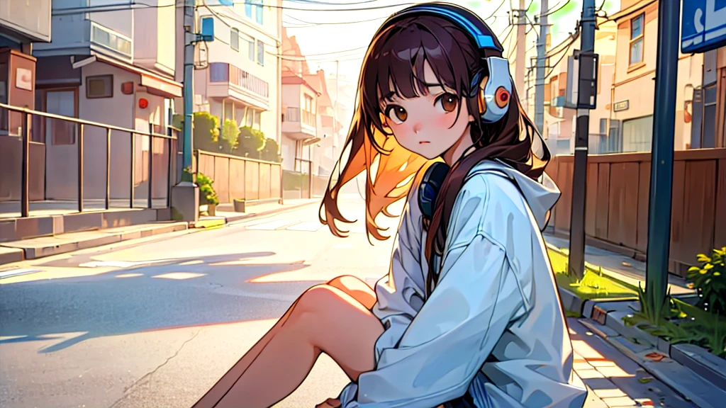(Highest quality, Masterpiece, Ultra-realistic), Beautiful and delicate15Year-old girl portrait, With a calm expression, The background is a quiet street in the evening.。While listening to music with headphones、Looking at me。Full Body