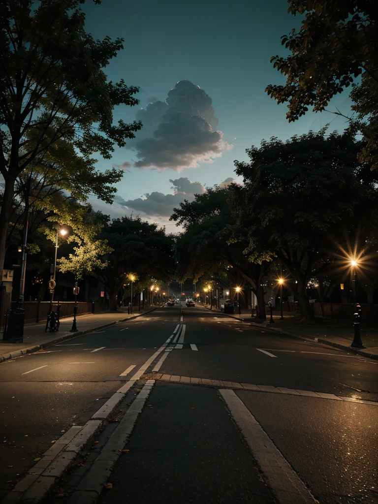 City, trees, dramatic lighting