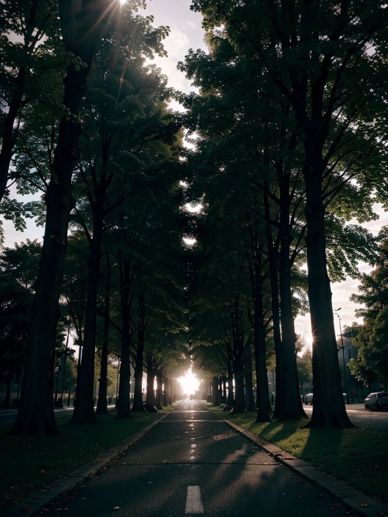 City, trees, dramatic lighting