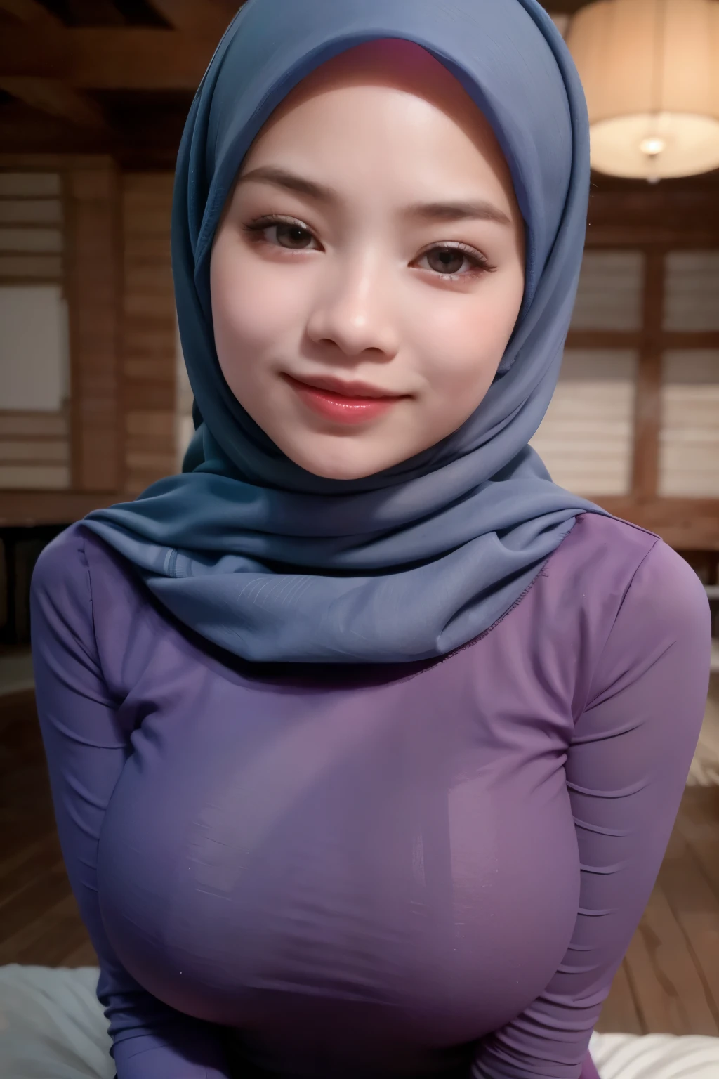 adorable, 1 girl, (face to face), 10 years old, baby face, happy, half body portrait, (face details: 1), (eye details: 1), ((big breasts)). wearing light blue long shirt, hijab, .. Cute posed. proportional body. Ultra High Res. realistic: 1.4, UHD