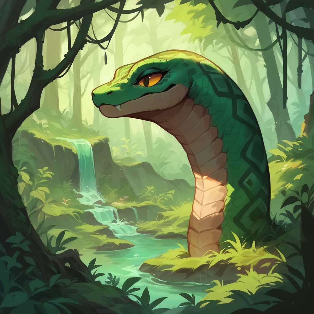 Create a amazon rainforest image with a green anaconda snake forest should be dangerous