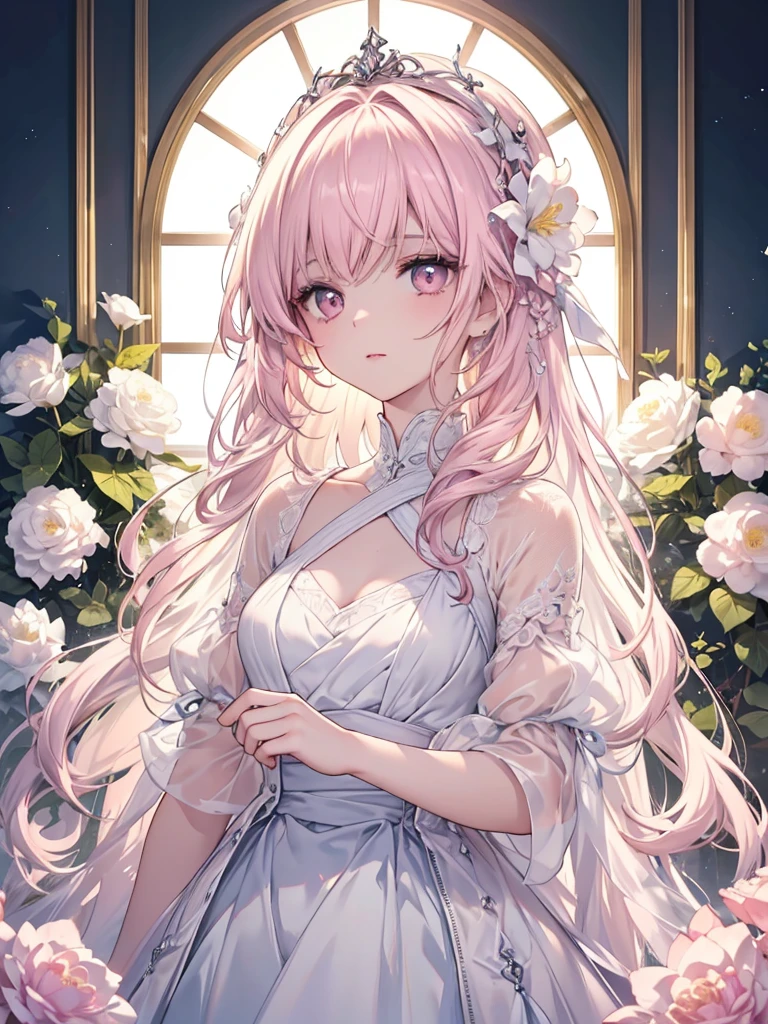 Create a masterpiece artwork with an ultra-detailed and complex aesthetic, featuring a girl with a weak temperament and glowing ambiance, highlighted by dramatic lighting and an enchanting glow. Utilize ethereal and captivating elements such as evocative hues, a mesmerizing glow, and pastel pink and white flowers in the scene. The artwork should showcase the best quality and utilize soft natural lighting, a rim-light, and absurd elements for a funny and epic cinematic effect.