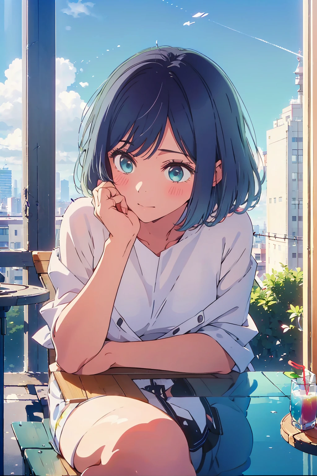 (Highest quality:1.4、8K:1.4、detailed)、F cup bust、Big Breasts、Slim body、Very white beautiful skin、((((1 person、Surprised expression、sit、Chair、In the background are the urban buildings of Tokyo、looking at the camera、Outdoor café terrace、Navy hair color、juice、Shooting up close、Shooting from an angle、table、Very cute face))))、((((nude、very beautiful areola))))、(Hand touching cheek pose:1.4、Cheek resting on hand:1.4)、Off-the-shoulder blouson、Black blouson with zipper、Very blue sky、A completely cloudless sky