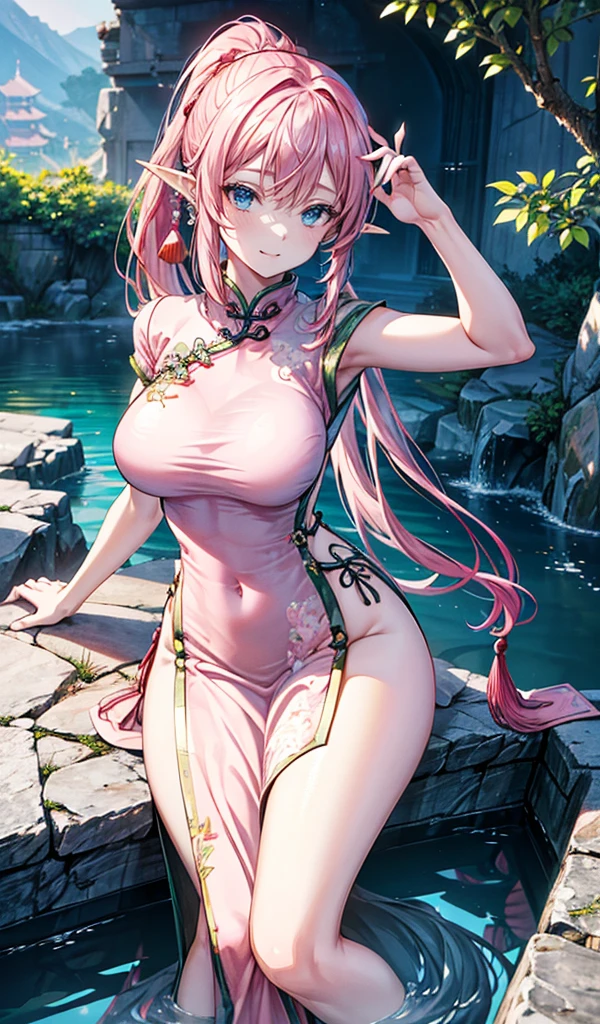 Please follow the all prompts below exactly and faithfully, This is a masterpiece of the most beautiful digital illustrations in the highest quality with maximum resolution, UHD, 512K, 2160p, 10 million ppi, 300 million dpi, natural tones, created with ultra-clear details, the highest realistic skin and hair texture, the most beautiful detailed eye features, a perfect anatomically correct human body, a beautiful background with depth, the rule of thirds, depth of field, and the best and most beautiful natural lighting, BREAK 1woman, 25years old, beautiful face sharp, elf, Ultimate perfect body style, pink hair, long hair, ponytail, beautiful blue eyes, beautiful big breasts, highly upturned breasts, smile, shiny clothes, (Ultimate minimum pink erotic Chinese dress:1.5), at the outdoor poolside,