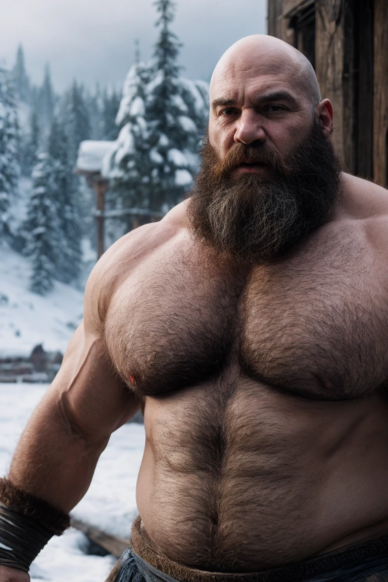 Hyperrealistic Very Realistic 8K Resolution Very Realistic Best Ultra High Definition resolution Very Realistic Photorealistic picture of a realistic bearded hairy Bald Kratos man in the snow, handsome stocky black, man with on, God of War Ragnarok Kratos, strong hairy chest and arms, with very realistic tattoos, very realistic hairy strong chest and arms, very realistic hairy chest, very realistic pecs, very realistic strong legs, in tiny realistic underwear with bulges, very realistic lips, very realistic lip details, very realistic belly, very realistic eyes, very realistic eyes details, very realistic thick chubby neck, very realistic neck lines, very realistic neck details, very realistic face, very realistic face details, 47 year old man, small transparent underwear, bald, very realistic kratos muscle bear beefy buff beefy bear buff beefy big belly thick big beefy big manly bulky muscular bodybuilder muscle bear, very realistic, very realistic photography, very detailed, full body portrait, 8k Resolution, very defined details, cinematic, 8k, epic Steven Spielberg movie still, sharp focus, by pascal blanche rutkowski repin artstation hyperrealism painting concept art of detailed character design matte painting, 8k resolution God of War Ragnarok